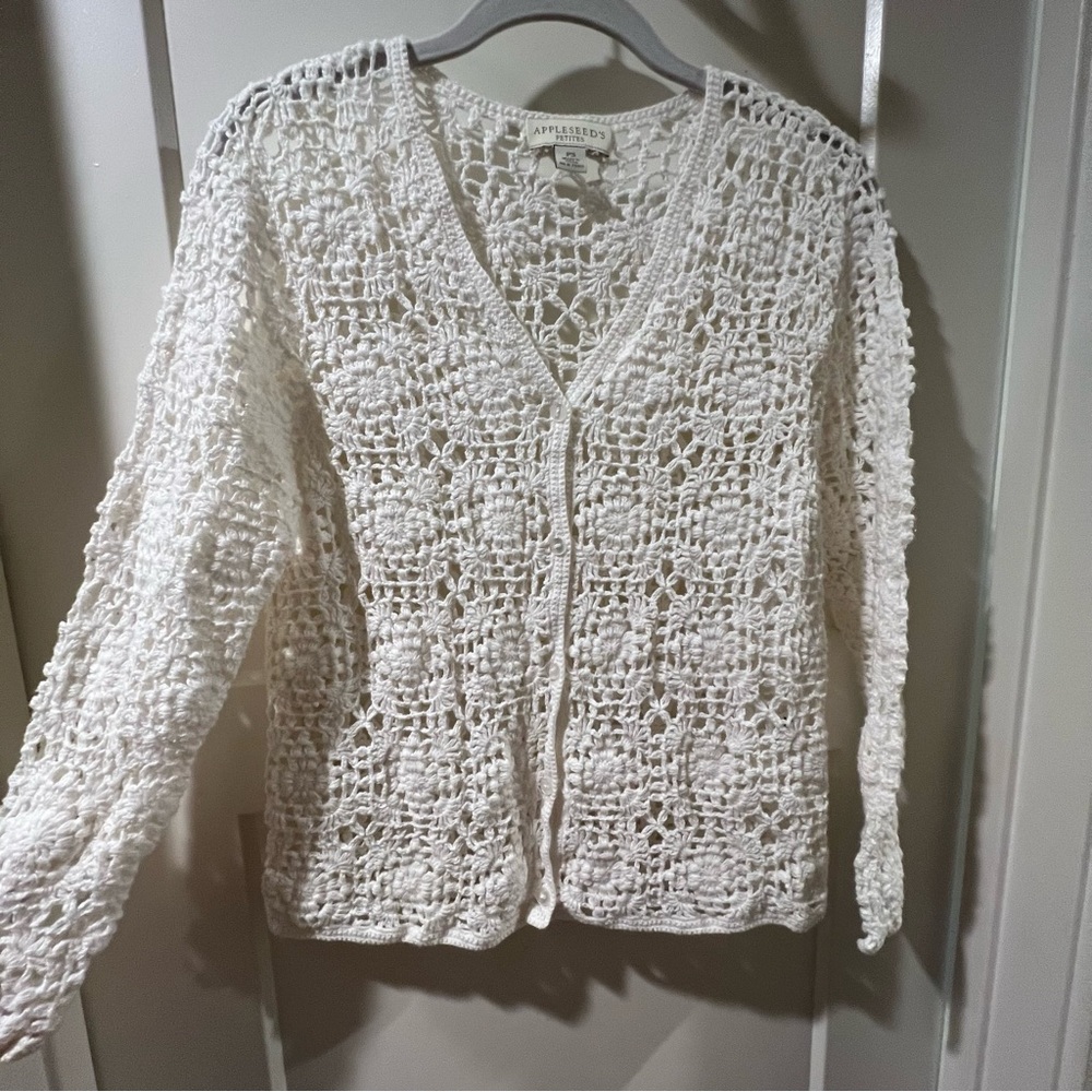 Boho Crochet Knit Cream Button-Front Cardigan Sweater Top - Picture 5 of 9